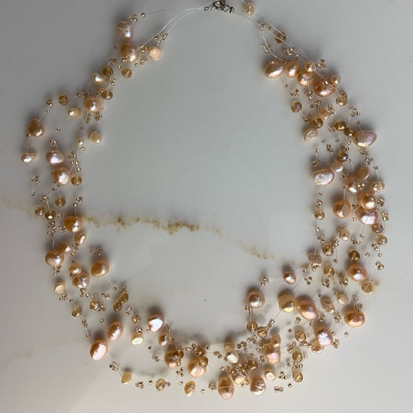 Muti-strand Peach Cultured Freshwater Pearls Illusion Bride Floating Necklace - Picture 5 of 5
